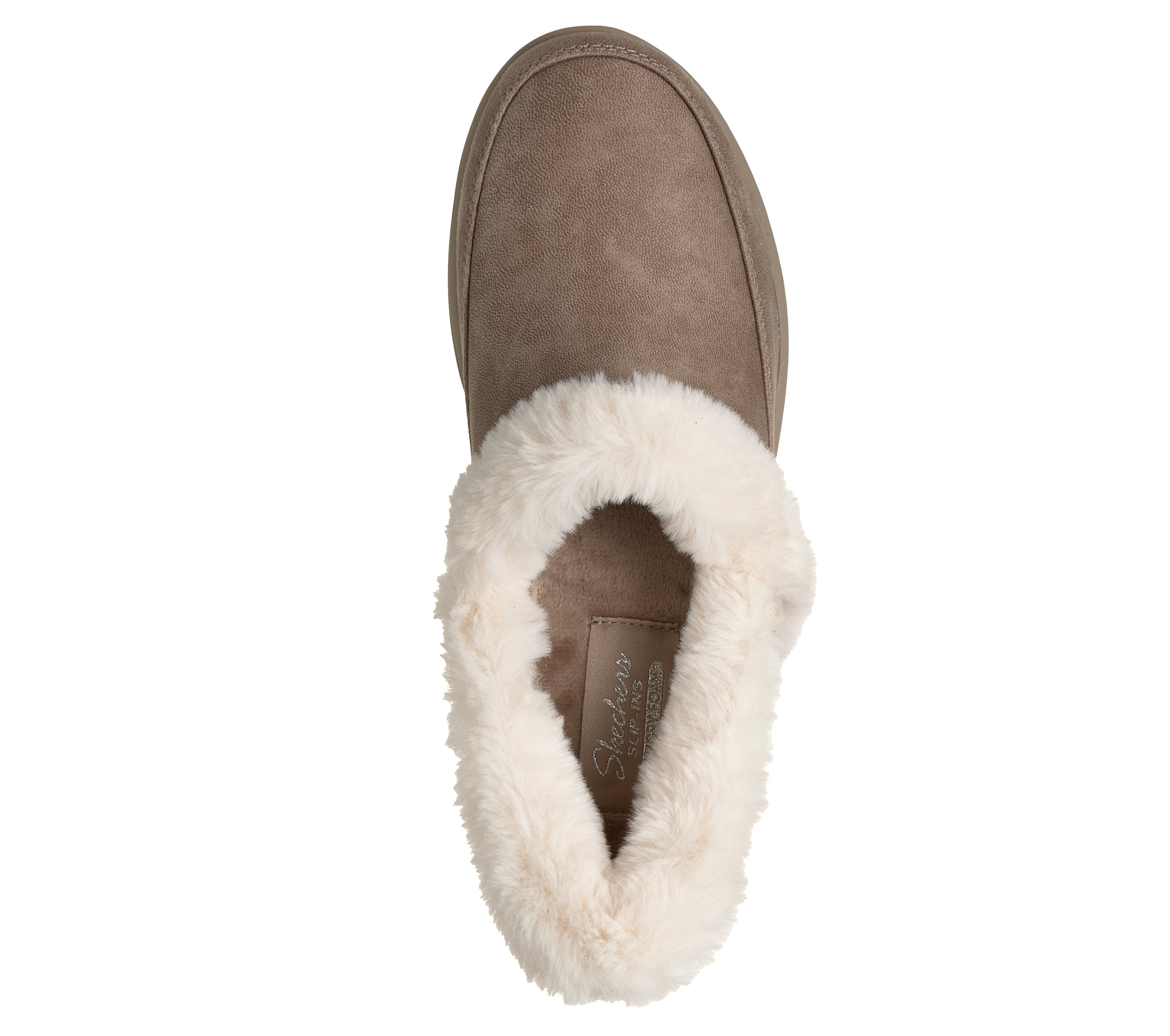 Skechers 168114 Cozy Escape Ladies Taupe Textile Slippers, insole and footbed view.