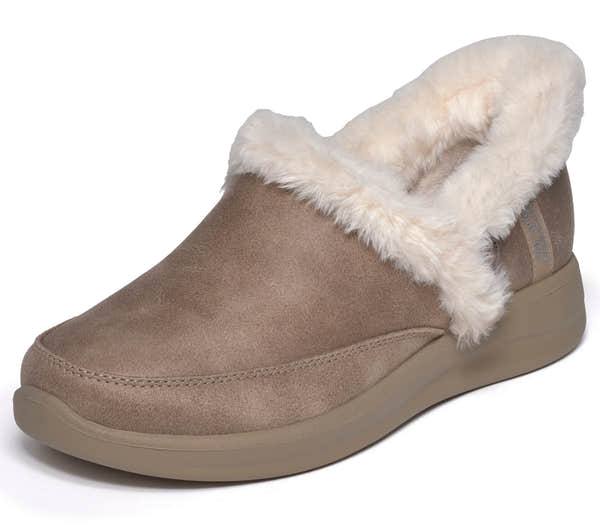 Skechers 168114 Cozy Escape Ladies Taupe Textile Slippers, left side view.