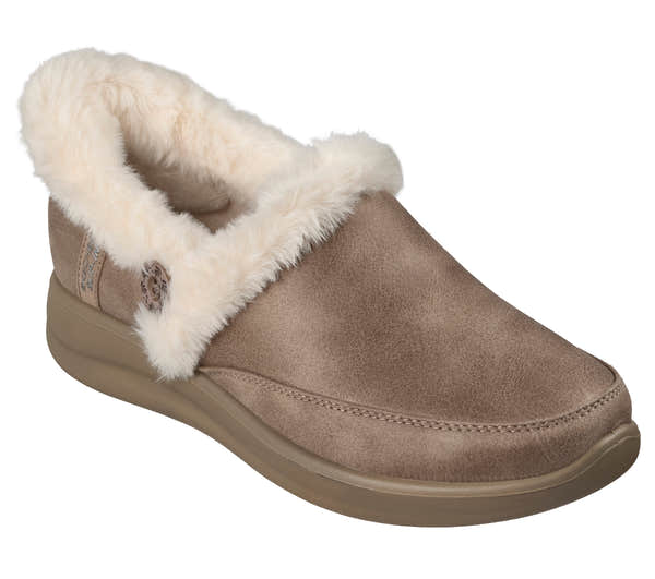 Skechers 168114 Cozy Escape Ladies Taupe Textile Slippers, outer side view.
