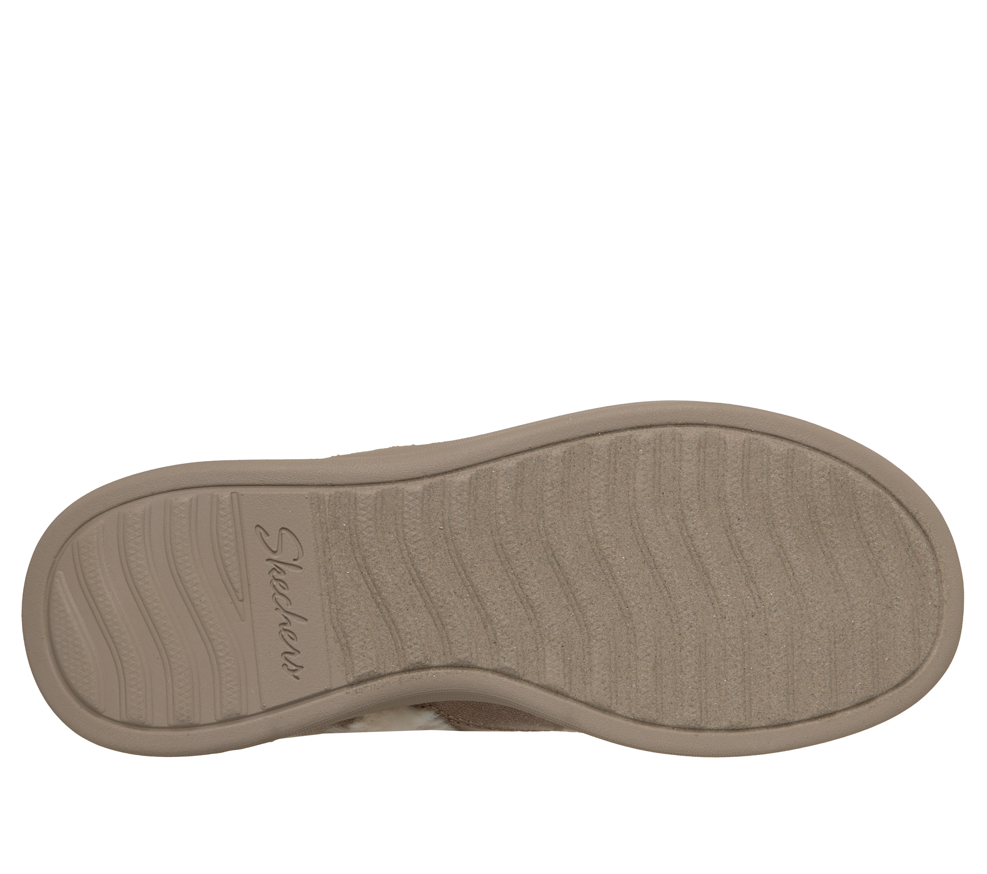 Skechers 168114 Cozy Escape Ladies Taupe Textile Slippers, sole and tread view.