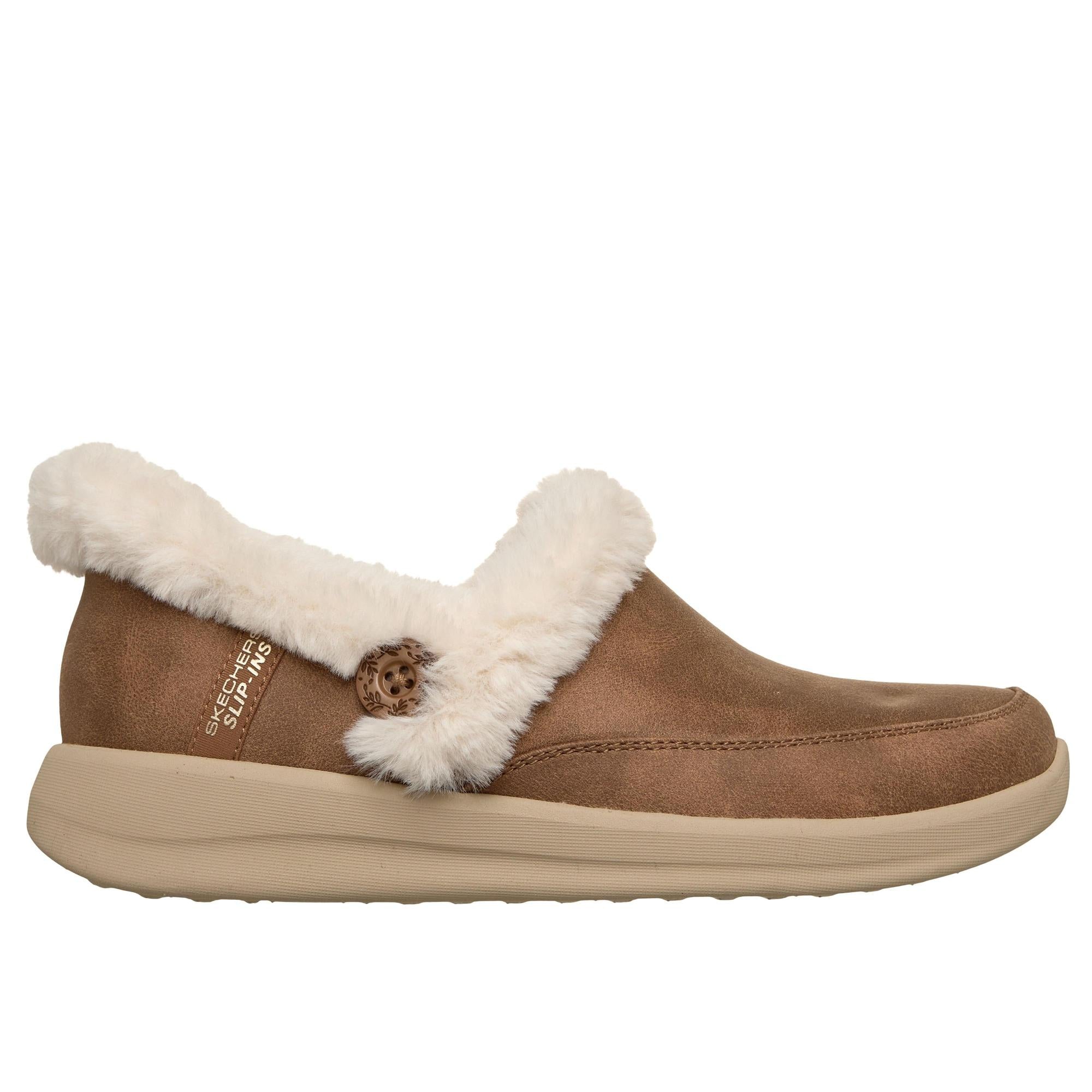 Skechers 168114 Cozy Escape Slip Ins Ladies Chestnut Vegan Leather Water Resistant Vegan Slippers, front three-quarter view.