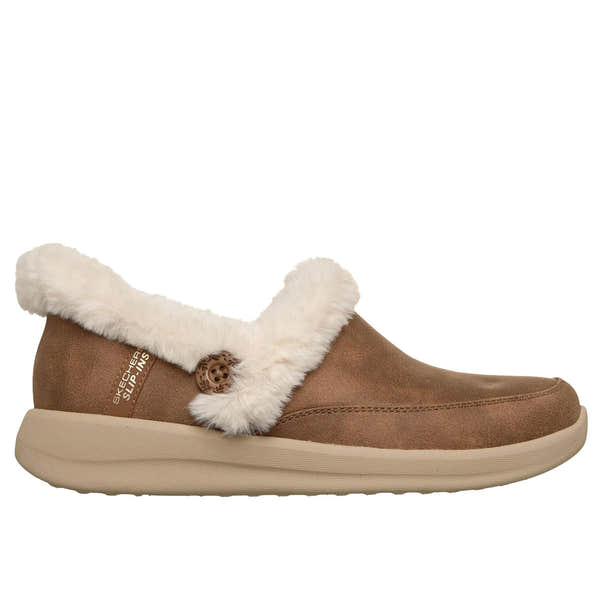 Skechers 168114 Cozy Escape Slip Ins Ladies Chestnut Vegan Leather Water Resistant Vegan Slippers, front three-quarter view.