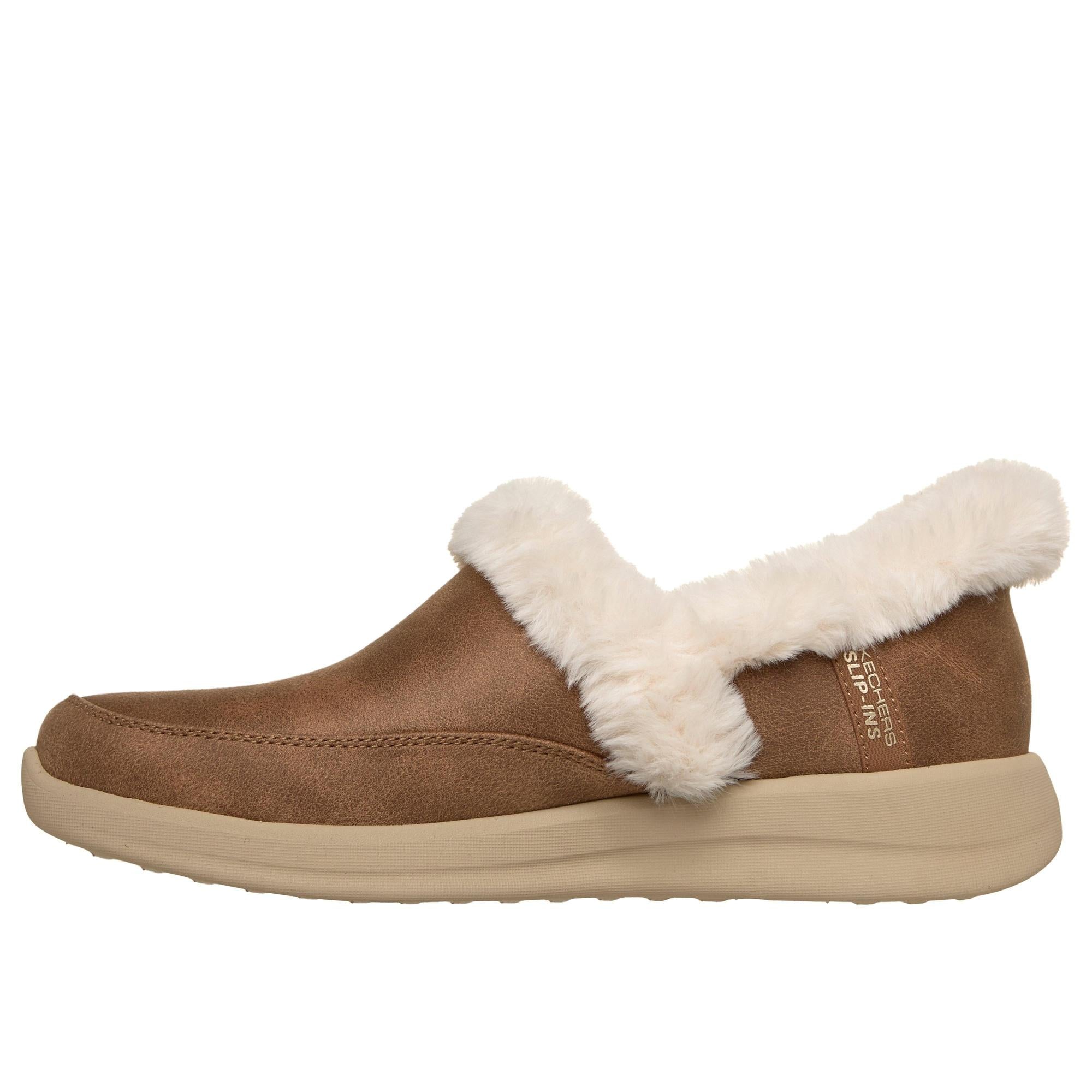 Skechers 168114 Cozy Escape Slip Ins Ladies Chestnut Vegan Leather Water Resistant Vegan Slippers, inner side view.