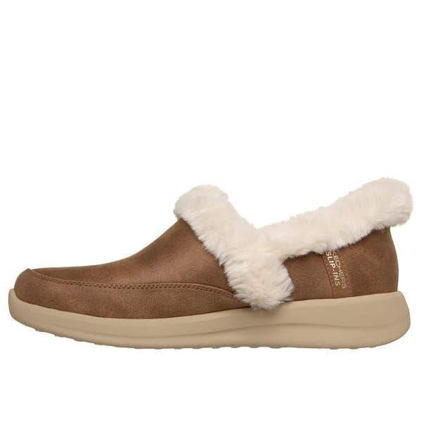 Skechers 168114 Cozy Escape Slip Ins Ladies Chestnut Vegan Leather Water Resistant Vegan Slippers, inner side view.