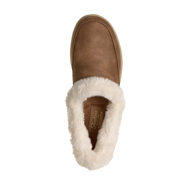 Skechers 168114 Cozy Escape Slip Ins Ladies Chestnut Vegan Leather Water Resistant Vegan Slippers, insole and footbed view.