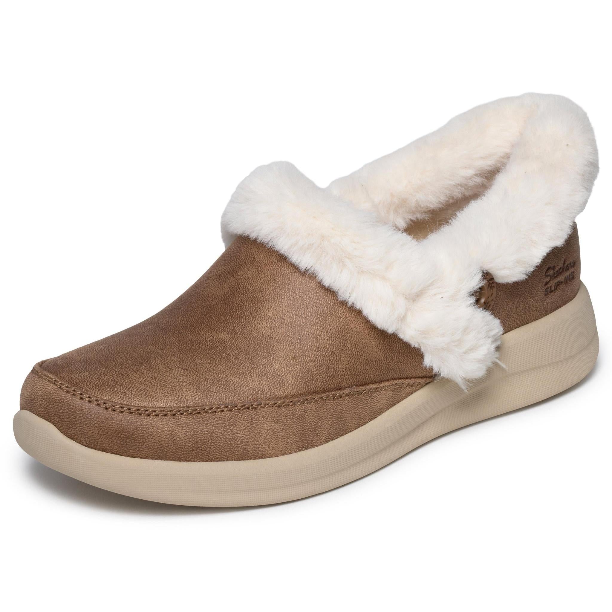 Skechers 168114 Cozy Escape Slip Ins Ladies Chestnut Vegan Leather Water Resistant Vegan Slippers, left side view.