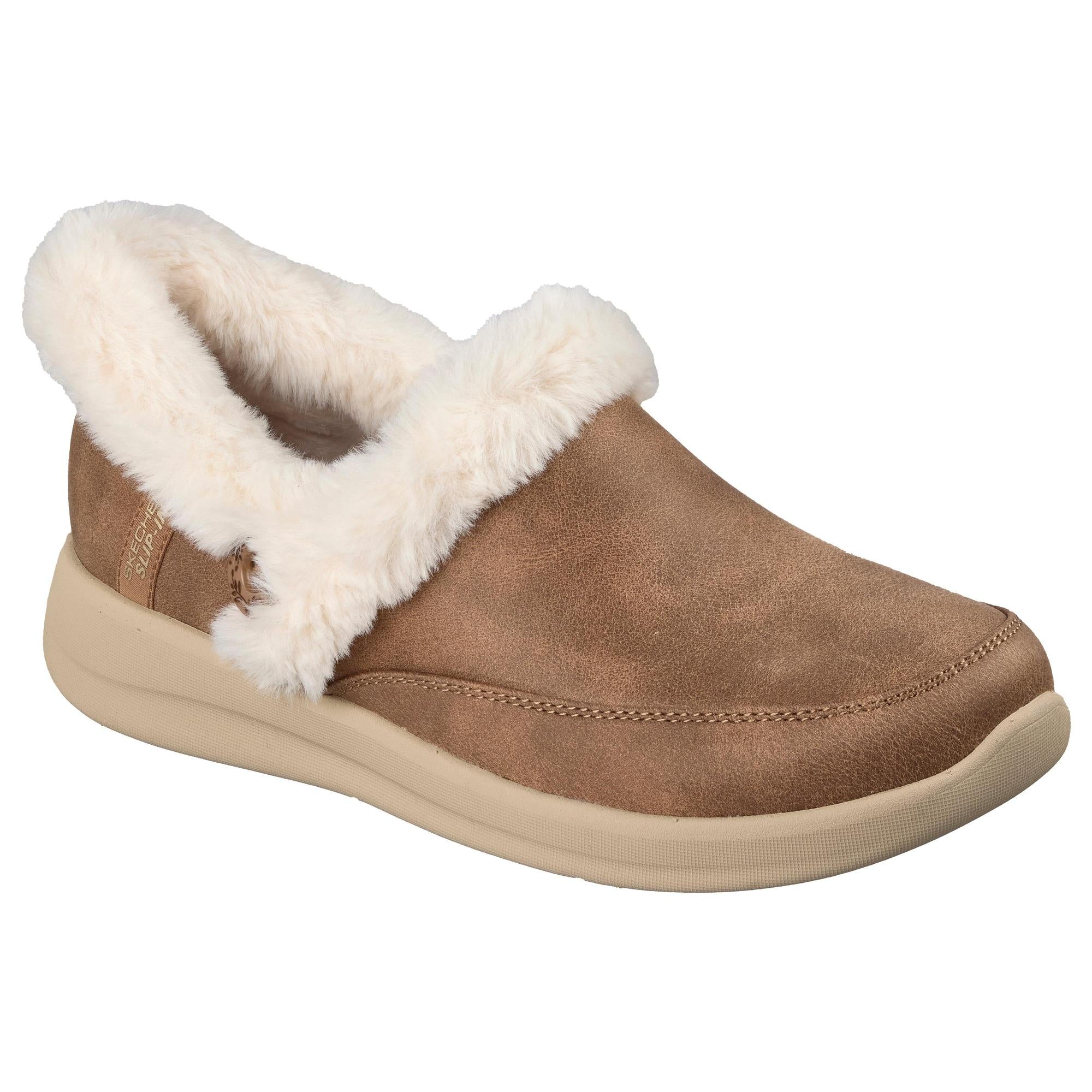 Skechers 168114 Cozy Escape Slip Ins Ladies Chestnut Vegan Leather Water Resistant Vegan Slippers, outer side view.