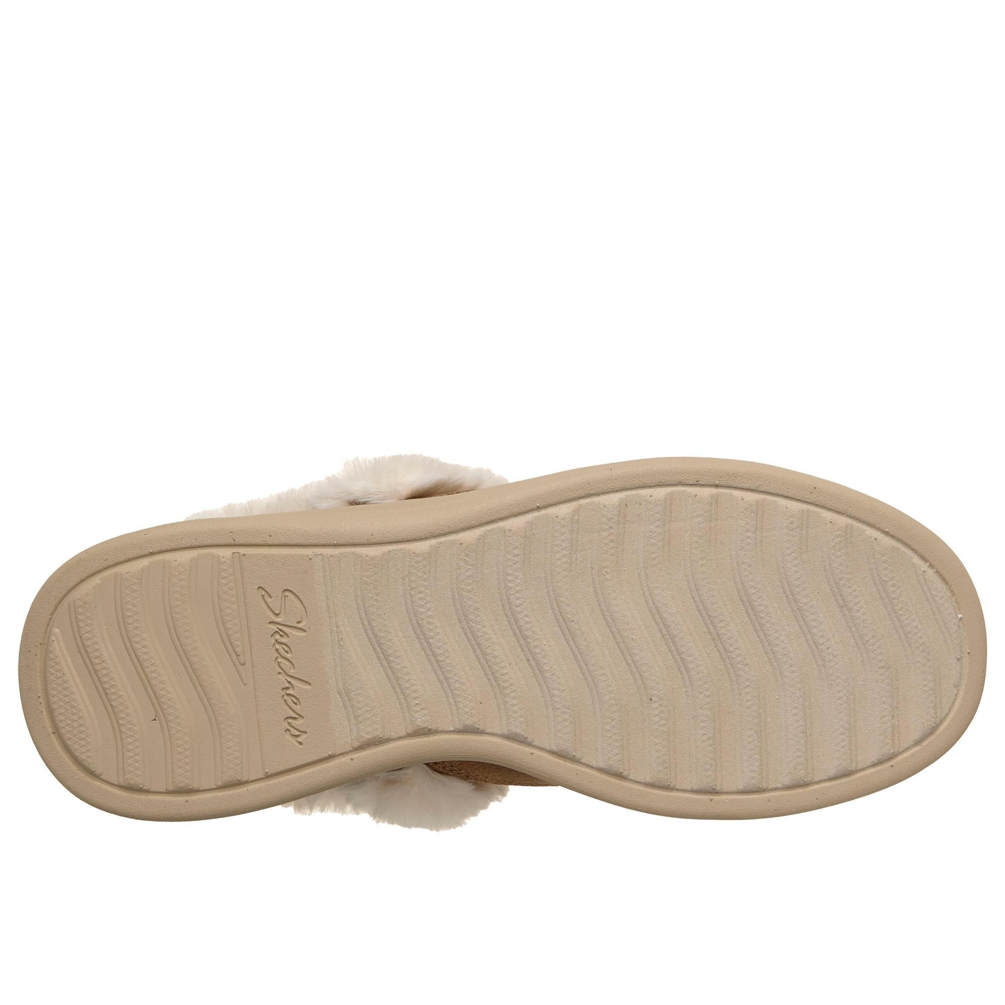Skechers 168114 Cozy Escape Slip Ins Ladies Chestnut Vegan Leather Water Resistant Vegan Slippers, sole and tread view.