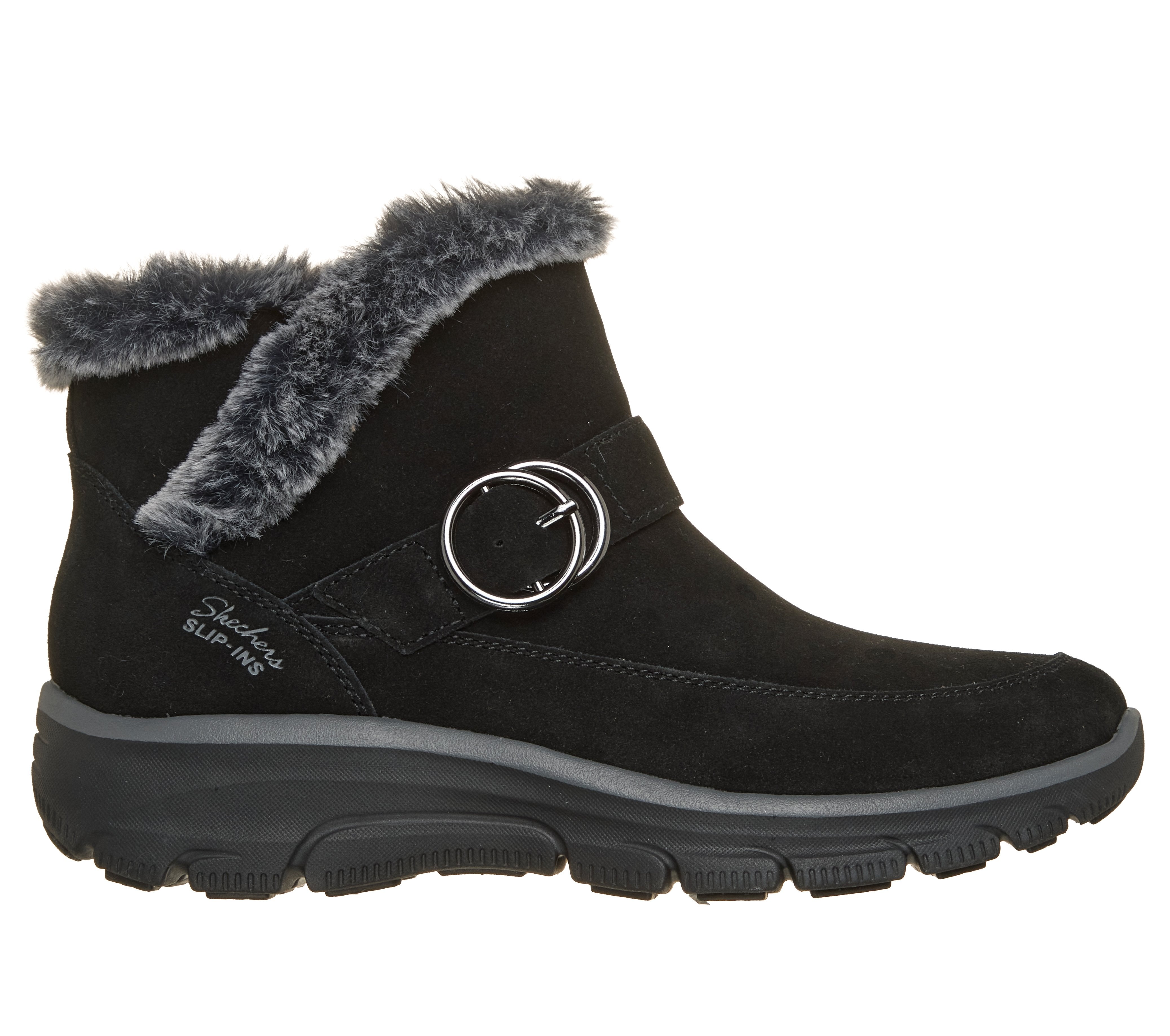 Skechers 168185 Easy Going - Gentle Winter Ladies Black Leather Ankle Boots, front three-quarter view.