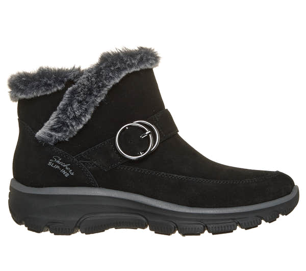 Skechers 168185 Easy Going - Gentle Winter Ladies Black Leather Ankle Boots, front three-quarter view.