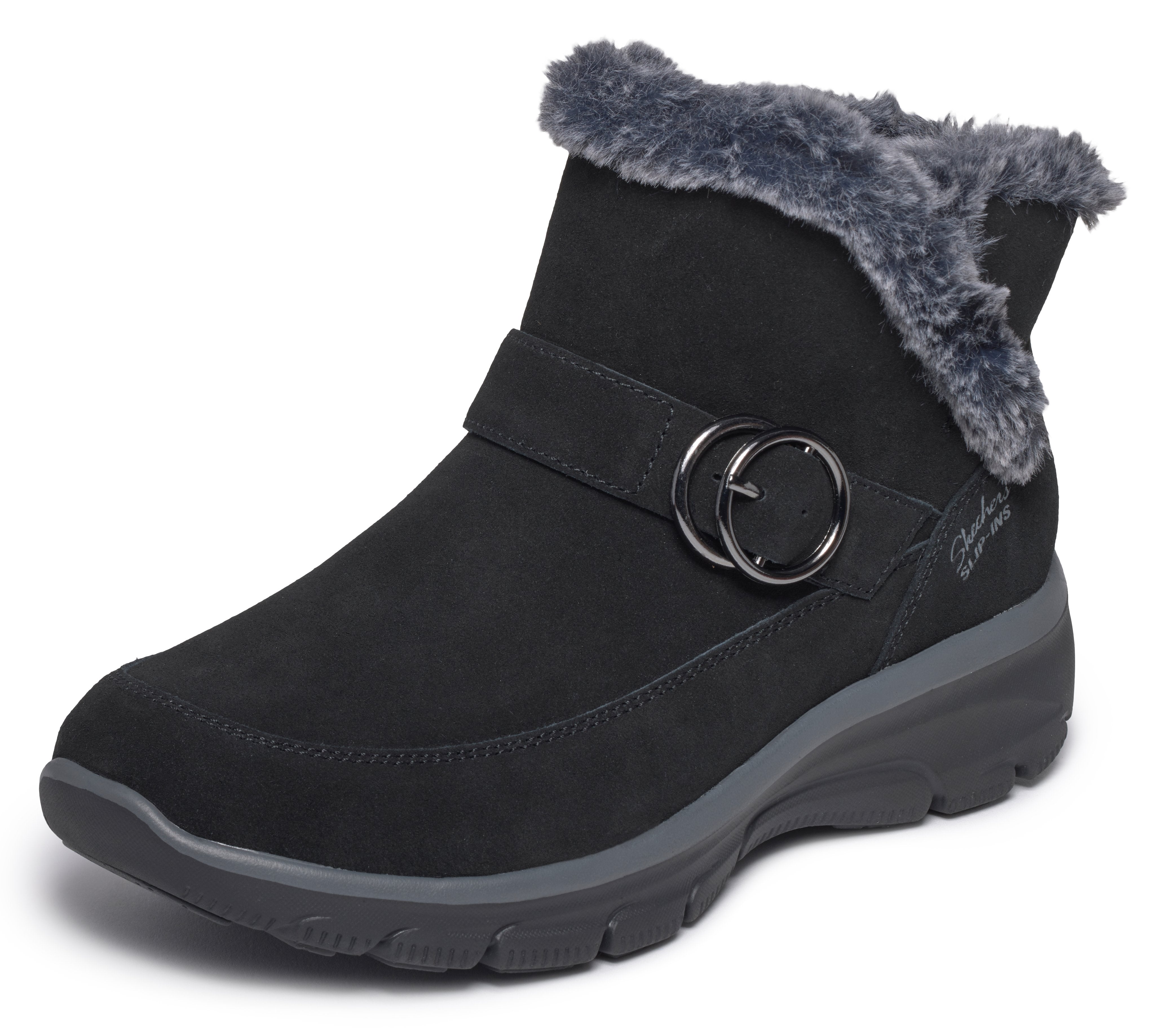 Skechers 168185 Easy Going - Gentle Winter Ladies Black Leather Ankle Boots, left side view.