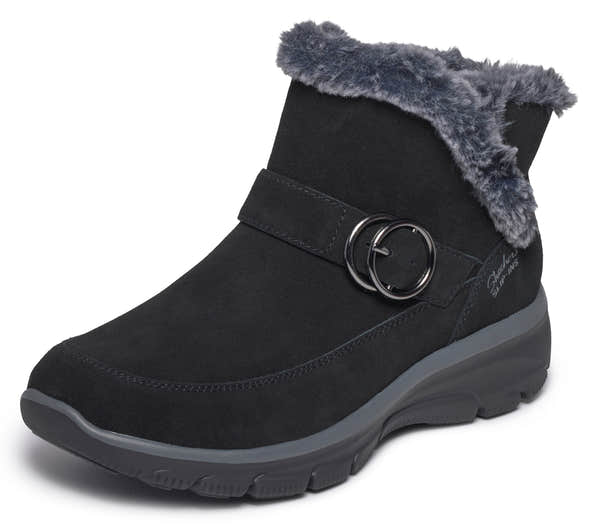Skechers 168185 Easy Going - Gentle Winter Ladies Black Leather Ankle Boots, left side view.