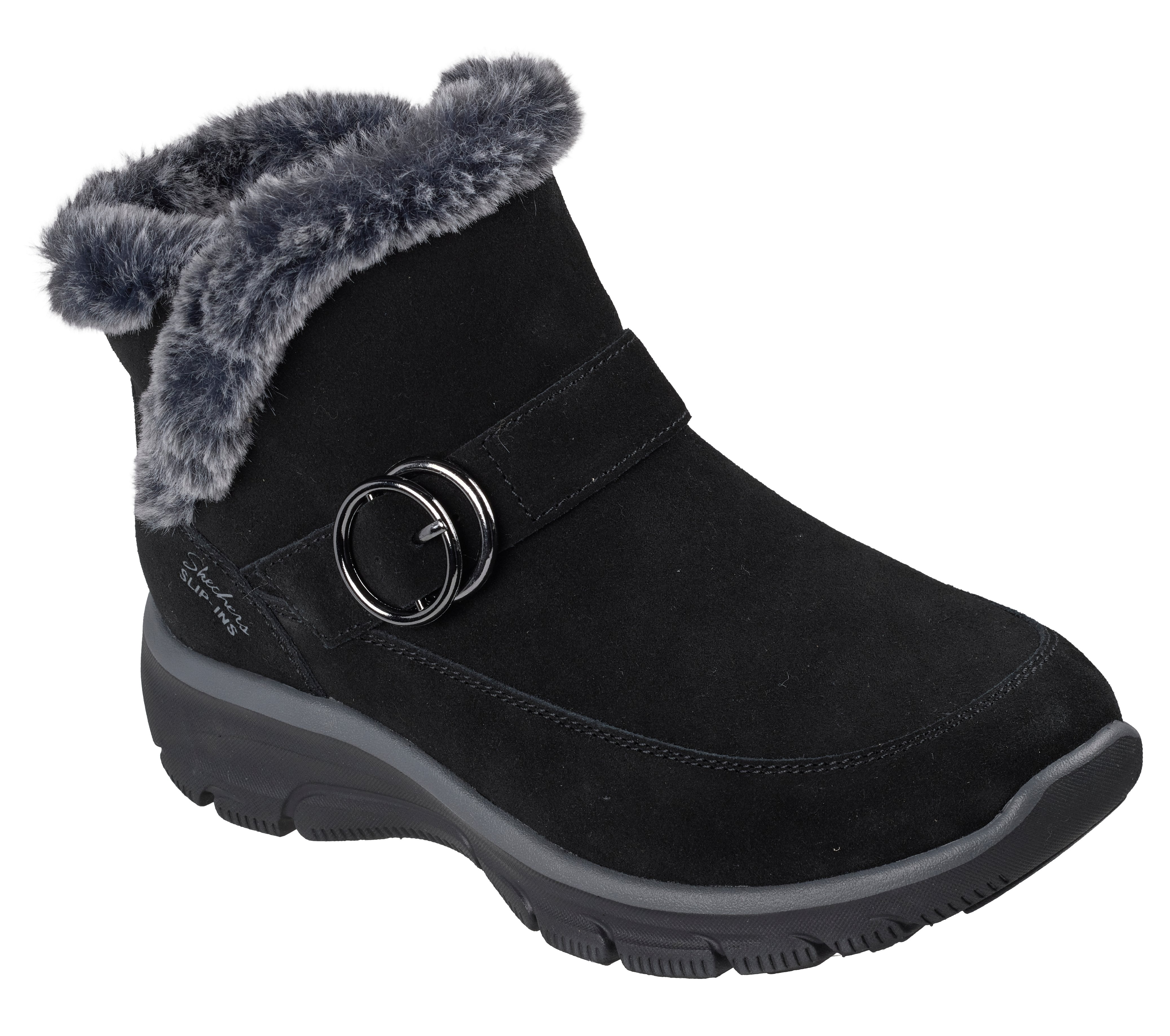 Skechers 168185 Easy Going - Gentle Winter Ladies Black Leather Ankle Boots, outer side view.