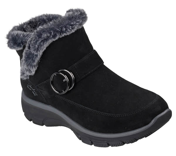 Skechers 168185 Easy Going - Gentle Winter Ladies Black Leather Ankle Boots, outer side view.