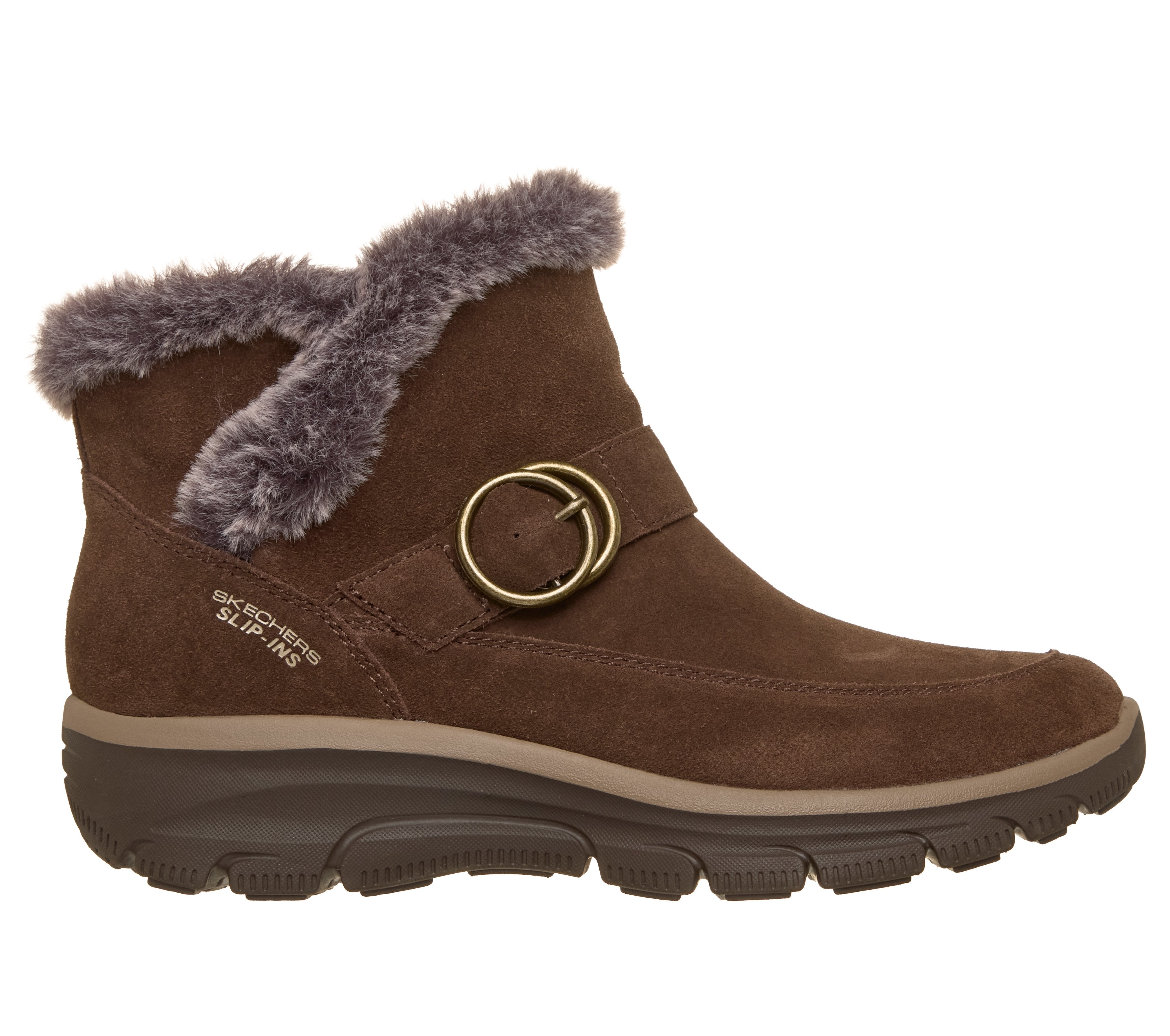 Skechers 168185 Easy Going - Gentle Winter Ladies Chocolate Leather Ankle Boots, front three-quarter view.