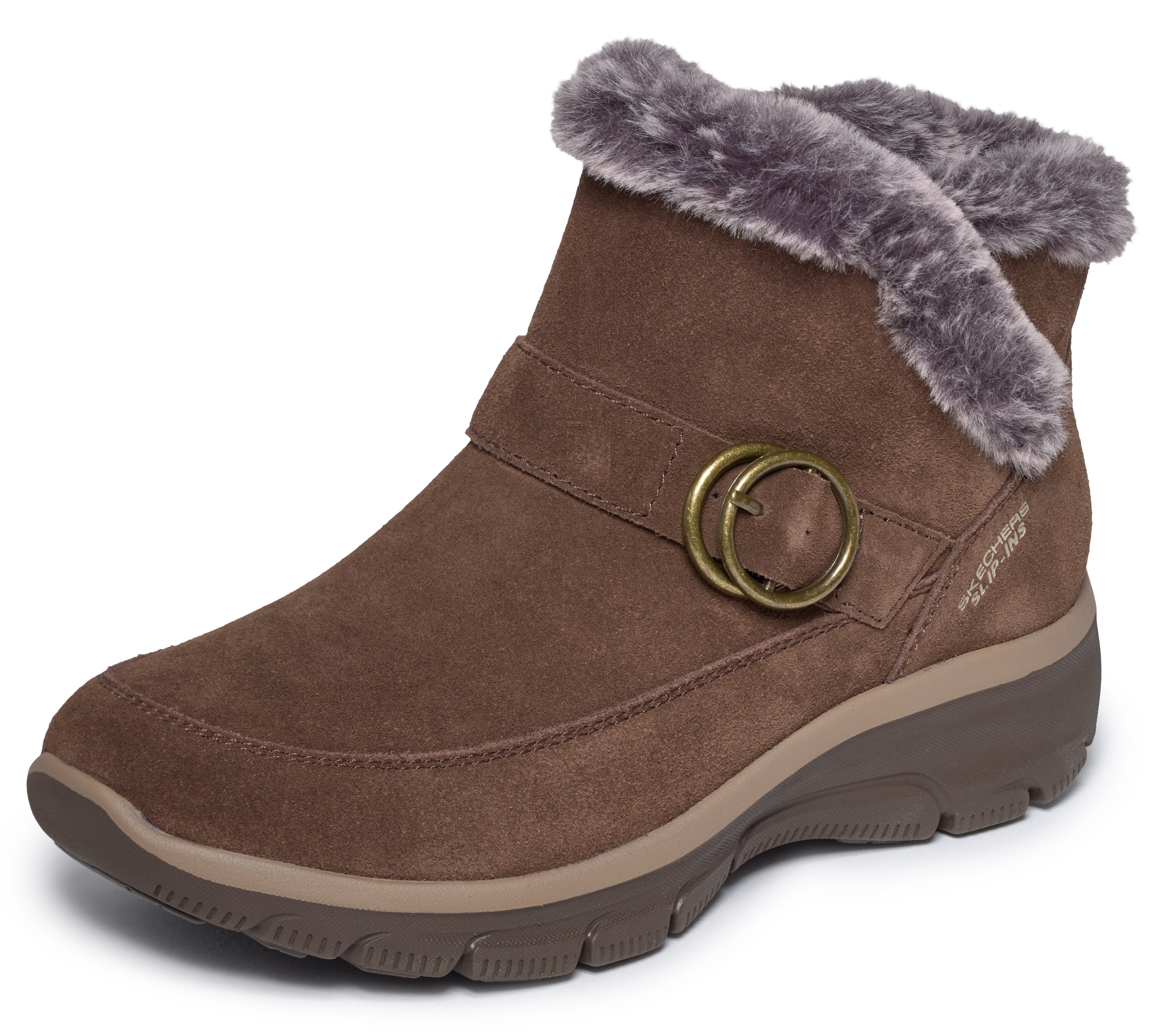 Skechers 168185 Easy Going - Gentle Winter Ladies Chocolate Leather Ankle Boots, left side view.