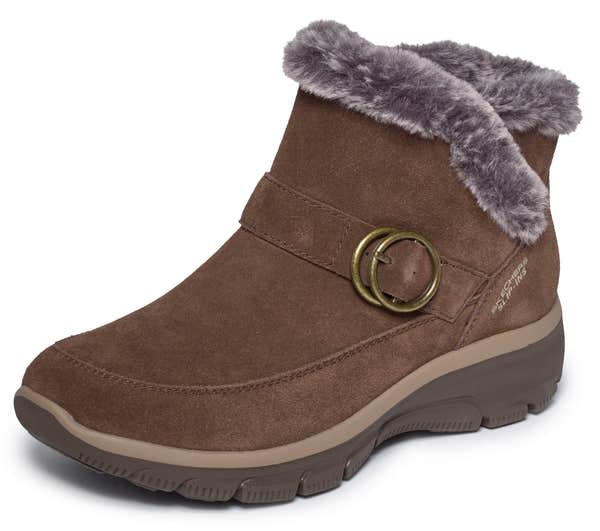 Skechers 168185 Easy Going - Gentle Winter Ladies Chocolate Leather Ankle Boots, left side view.