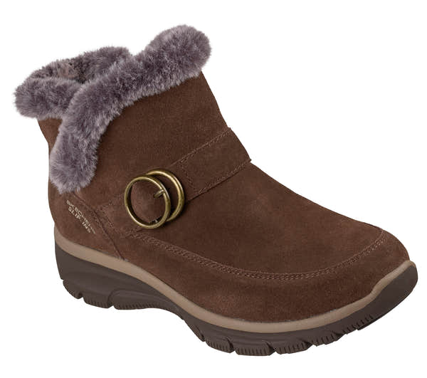 Skechers 168185 Easy Going - Gentle Winter Ladies Chocolate Leather Ankle Boots, outer side view.