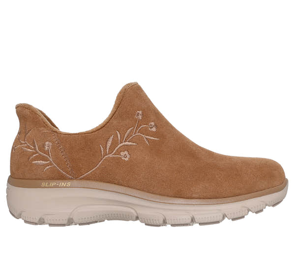 Skechers 169157 Easy Going - Floral Moment Ladies Chestnut Leather Ankle Boots, front three-quarter view.