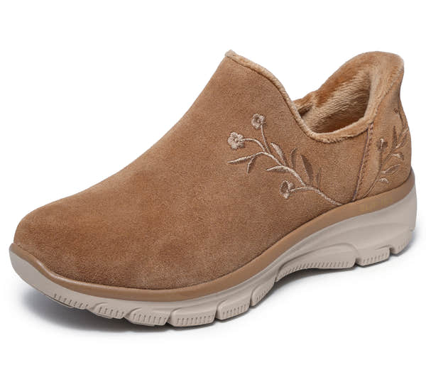 Skechers 169157 Easy Going - Floral Moment Ladies Chestnut Leather Ankle Boots, left side view.