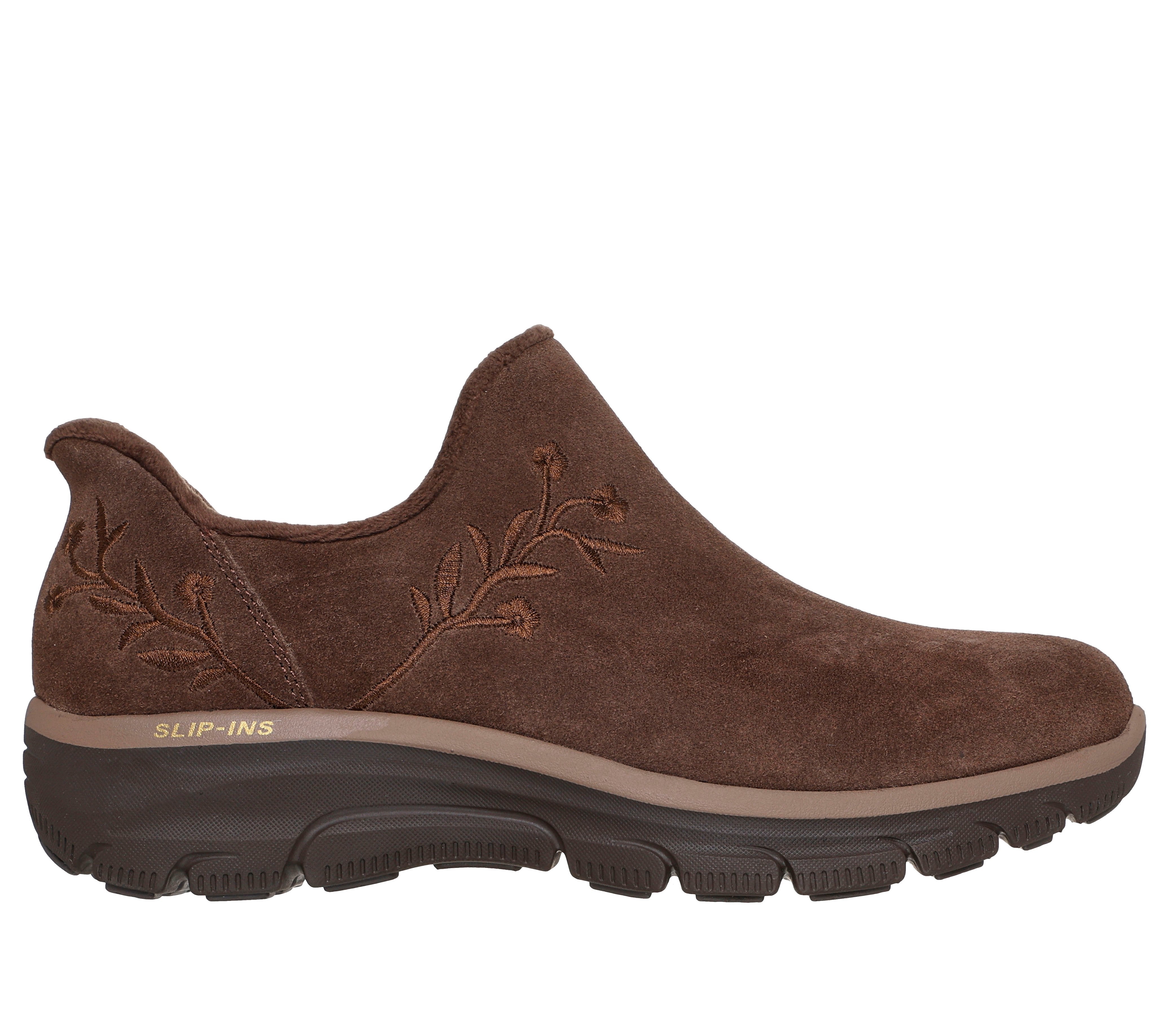 Skechers 169157 Easy Going - Floral Moment Ladies Chocolate Leather Ankle Boots, front three-quarter view.