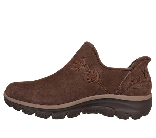 Skechers 169157 Easy Going - Floral Moment Ladies Chocolate Leather Ankle Boots, inner side view.
