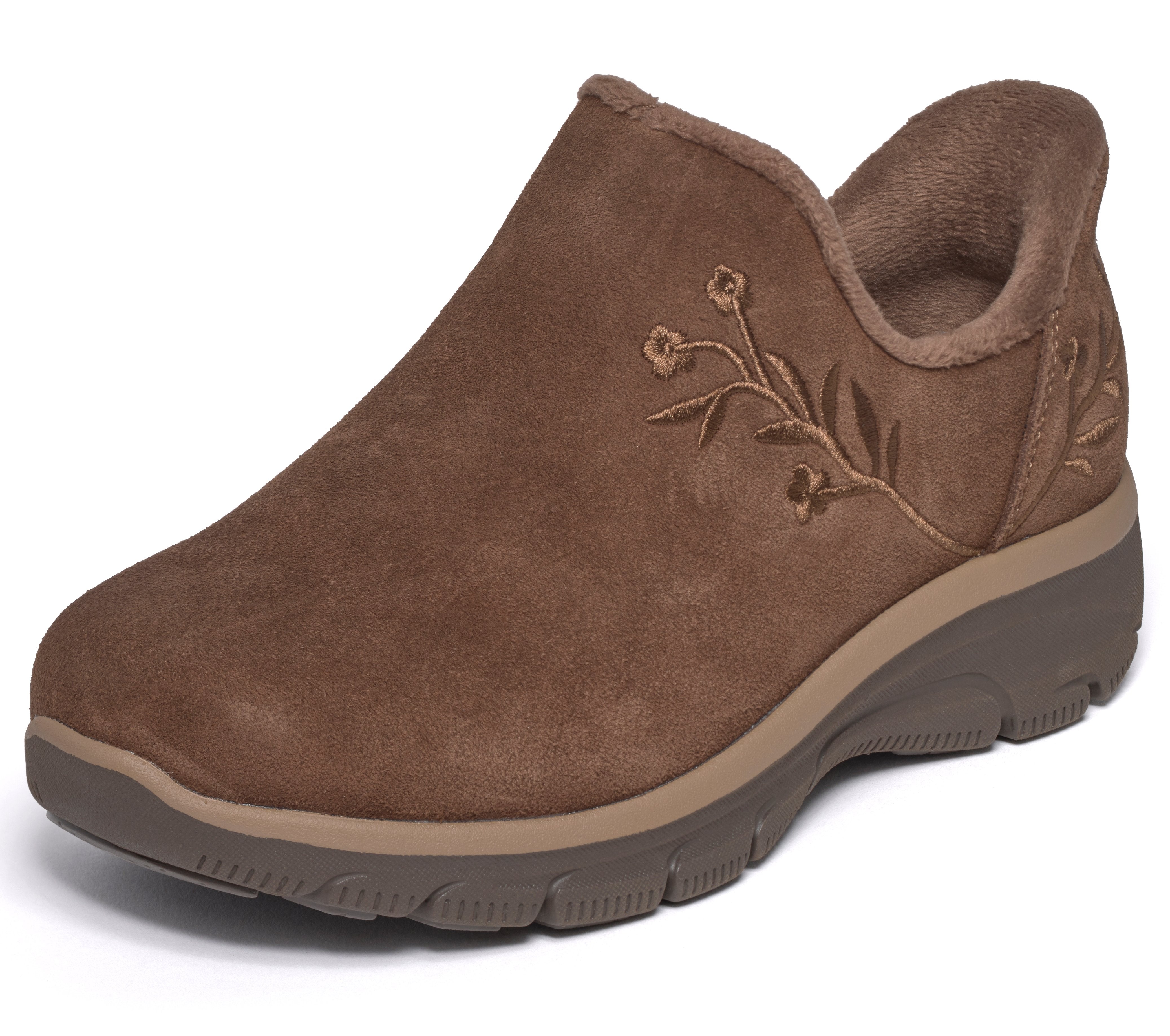 Skechers 169157 Easy Going - Floral Moment Ladies Chocolate Leather Ankle Boots, left side view.