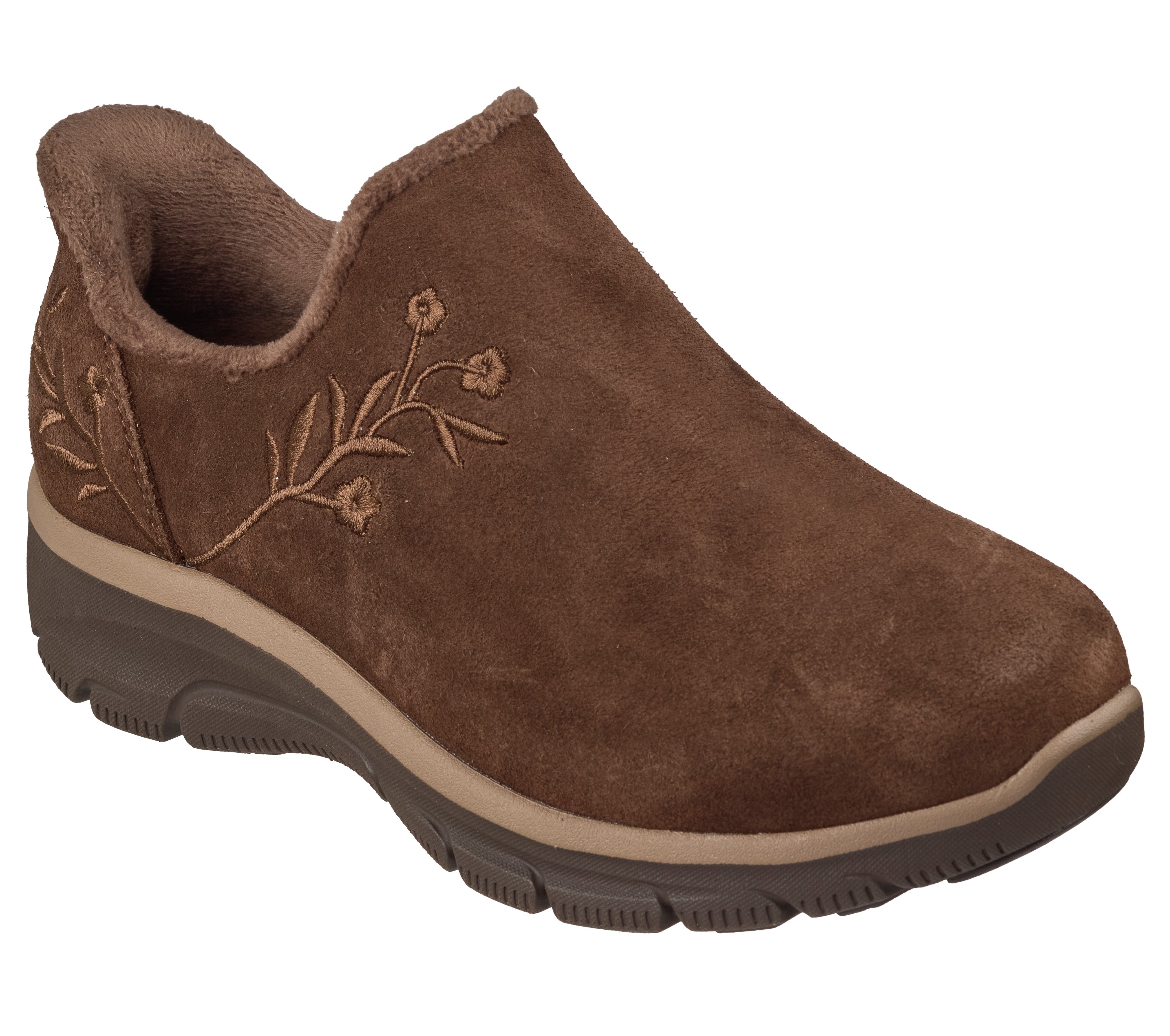 Skechers 169157 Easy Going - Floral Moment Ladies Chocolate Leather Ankle Boots, outer side view.