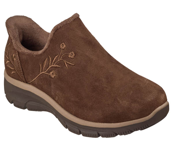 Skechers 169157 Easy Going - Floral Moment Ladies Chocolate Leather Ankle Boots, outer side view.