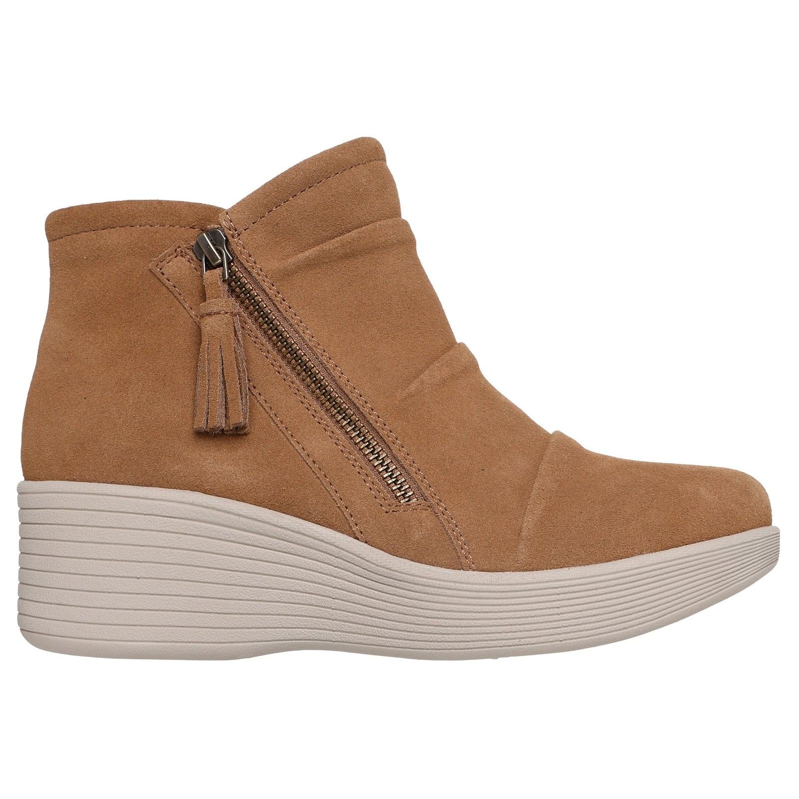 Skechers 169171 Parallel Lite Ladies Chestnut Suede Side Zip Wedge Ankle Boots, front three-quarter view.