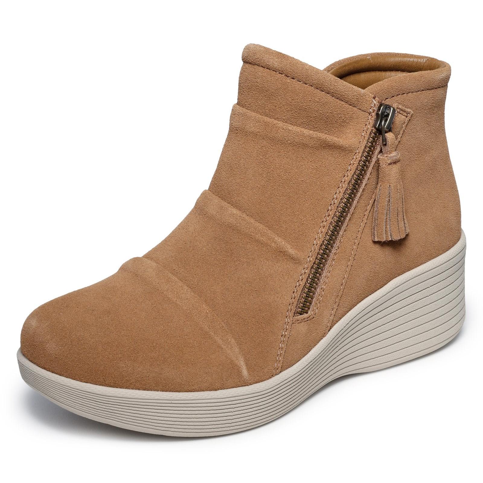 Skechers 169171 Parallel Lite Ladies Chestnut Suede Side Zip Wedge Ankle Boots, left side view.