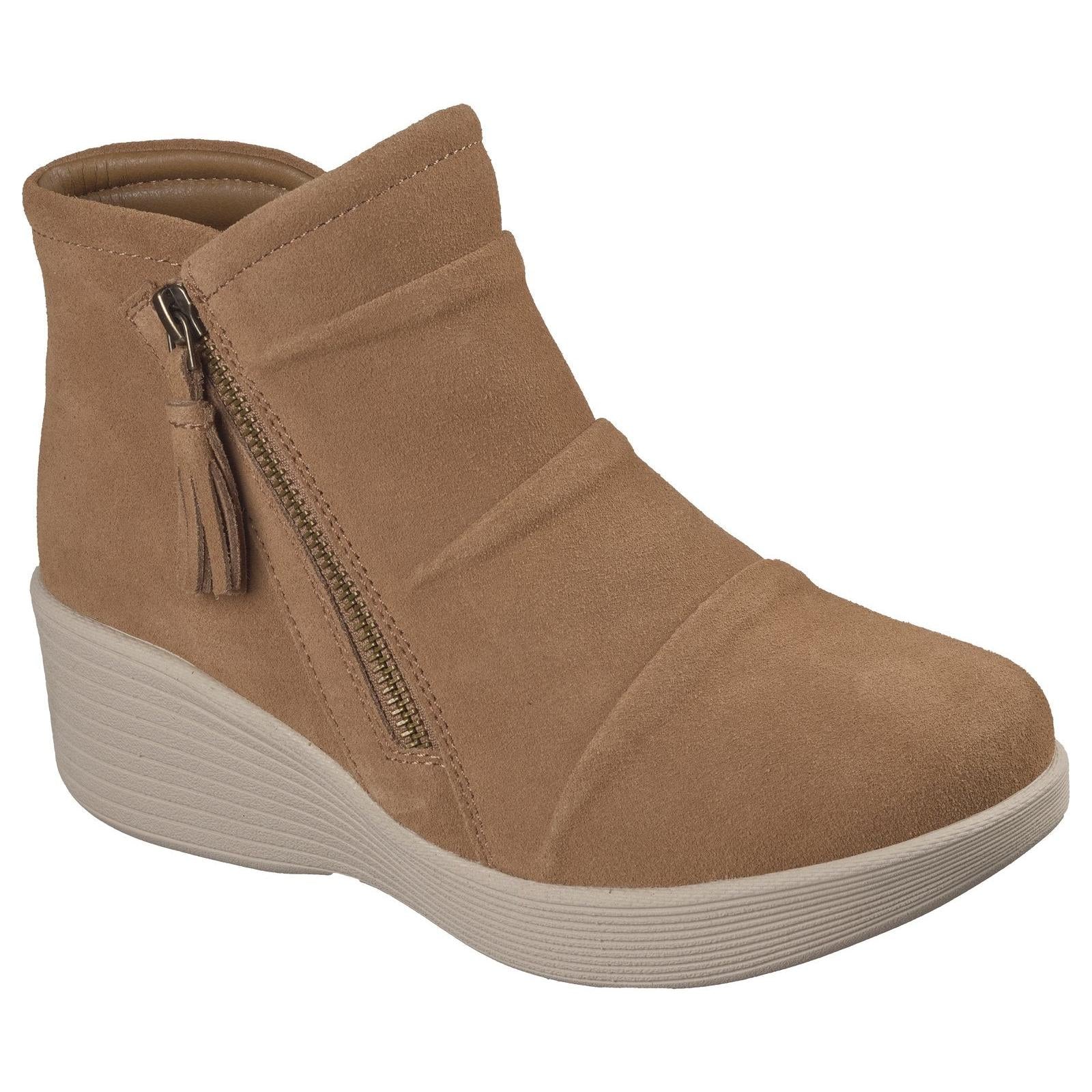 Skechers 169171 Parallel Lite Ladies Chestnut Suede Side Zip Wedge Ankle Boots, outer side view.