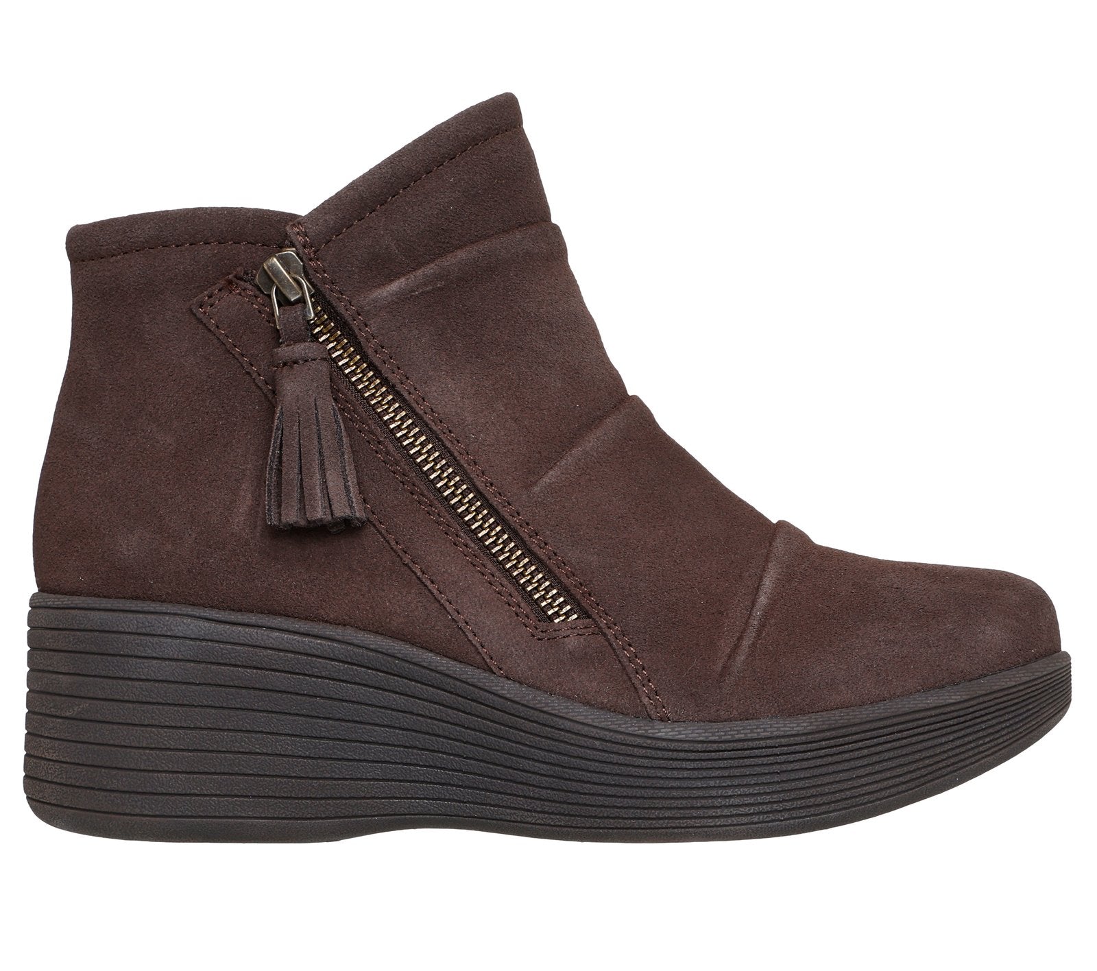 Skechers 169171 Parallel Lite Ladies Chocolate Leather Side Zip Wedge Ankle Boots, front three-quarter view.