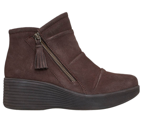 Skechers 169171 Parallel Lite Ladies Chocolate Leather Side Zip Wedge Ankle Boots, front three-quarter view.