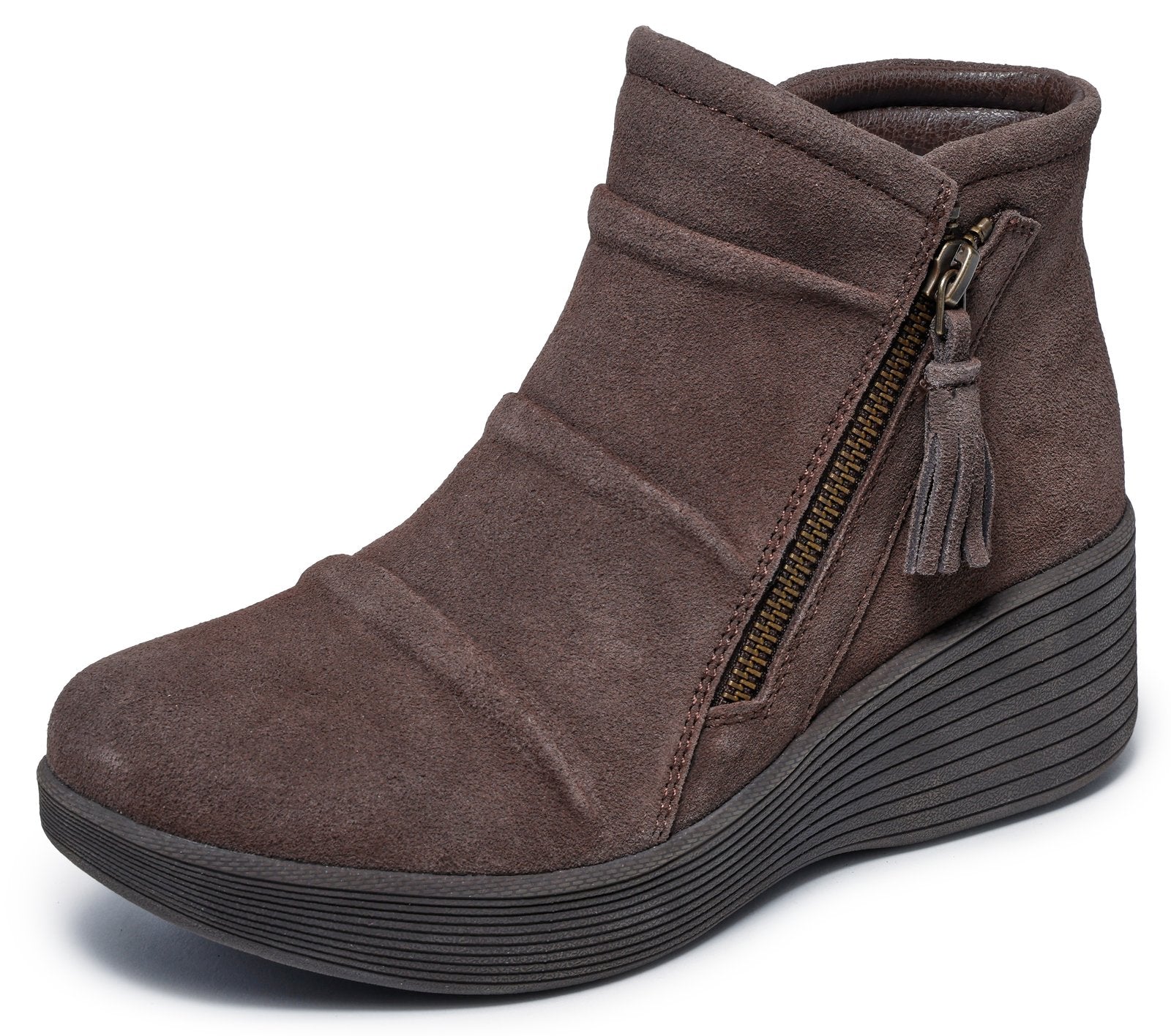 Skechers 169171 Parallel Lite Ladies Chocolate Leather Side Zip Wedge Ankle Boots, left side view.