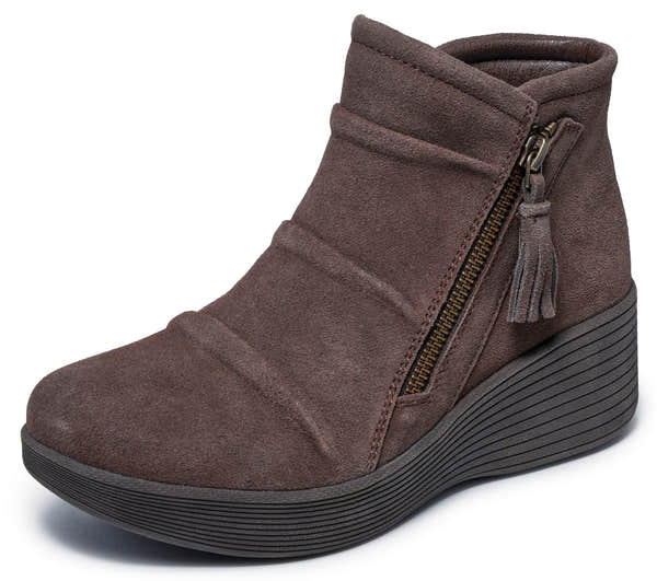 Skechers 169171 Parallel Lite Ladies Chocolate Leather Side Zip Wedge Ankle Boots, left side view.
