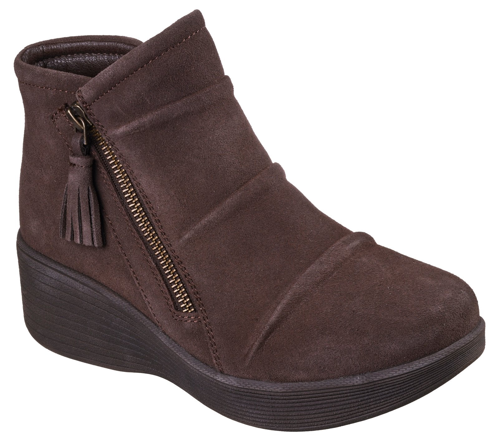 Skechers 169171 Parallel Lite Ladies Chocolate Leather Side Zip Wedge Ankle Boots, outer side view.
