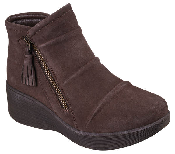 Skechers 169171 Parallel Lite Ladies Chocolate Leather Side Zip Wedge Ankle Boots, outer side view.