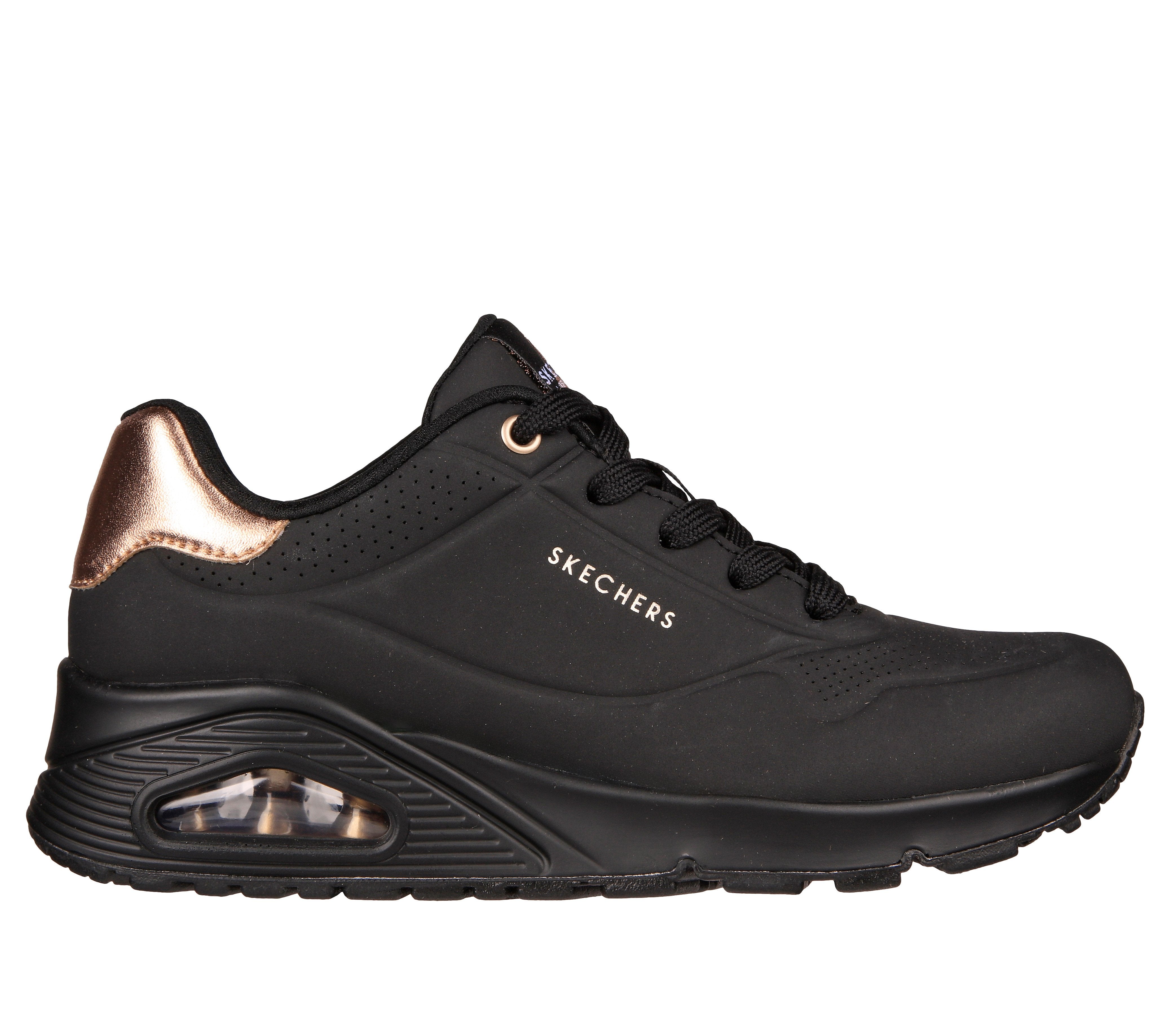 Skechers 177094 Uno Golden Air Ladies Black Textile Lace Up Trainers, front three-quarter view.