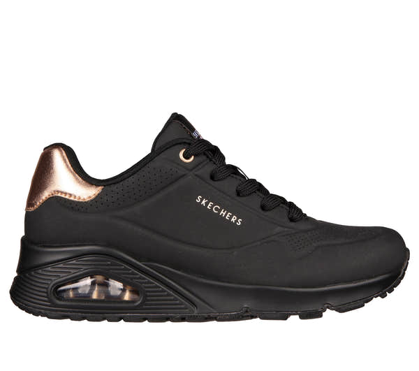 Skechers 177094 Uno Golden Air Ladies Black Textile Lace Up Trainers, front three-quarter view.