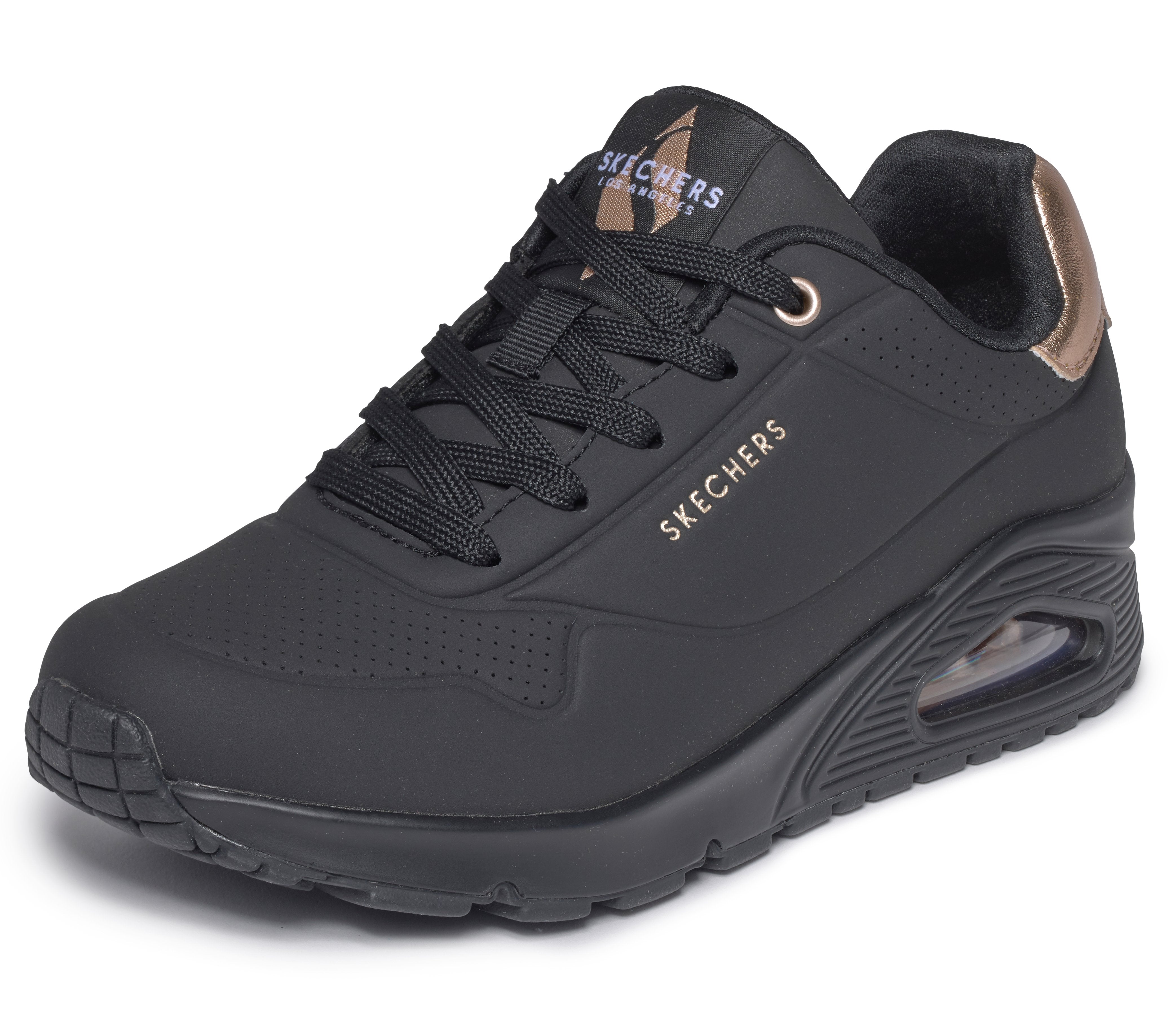 Skechers 177094 Uno Golden Air Ladies Black Textile Lace Up Trainers, left side view.