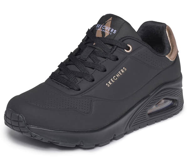 Skechers 177094 Uno Golden Air Ladies Black Textile Lace Up Trainers, left side view.