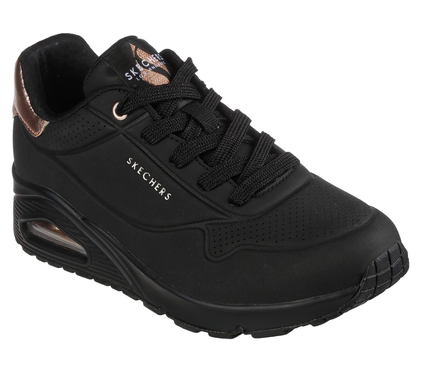 Skechers 177094 Uno Golden Air Ladies Black Textile Lace Up Trainers, outer side view.