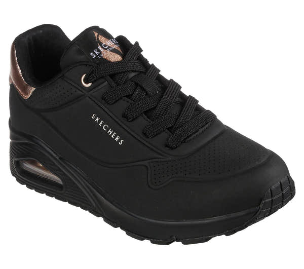Skechers 177094 Uno Golden Air Ladies Black Textile Lace Up Trainers, outer side view.