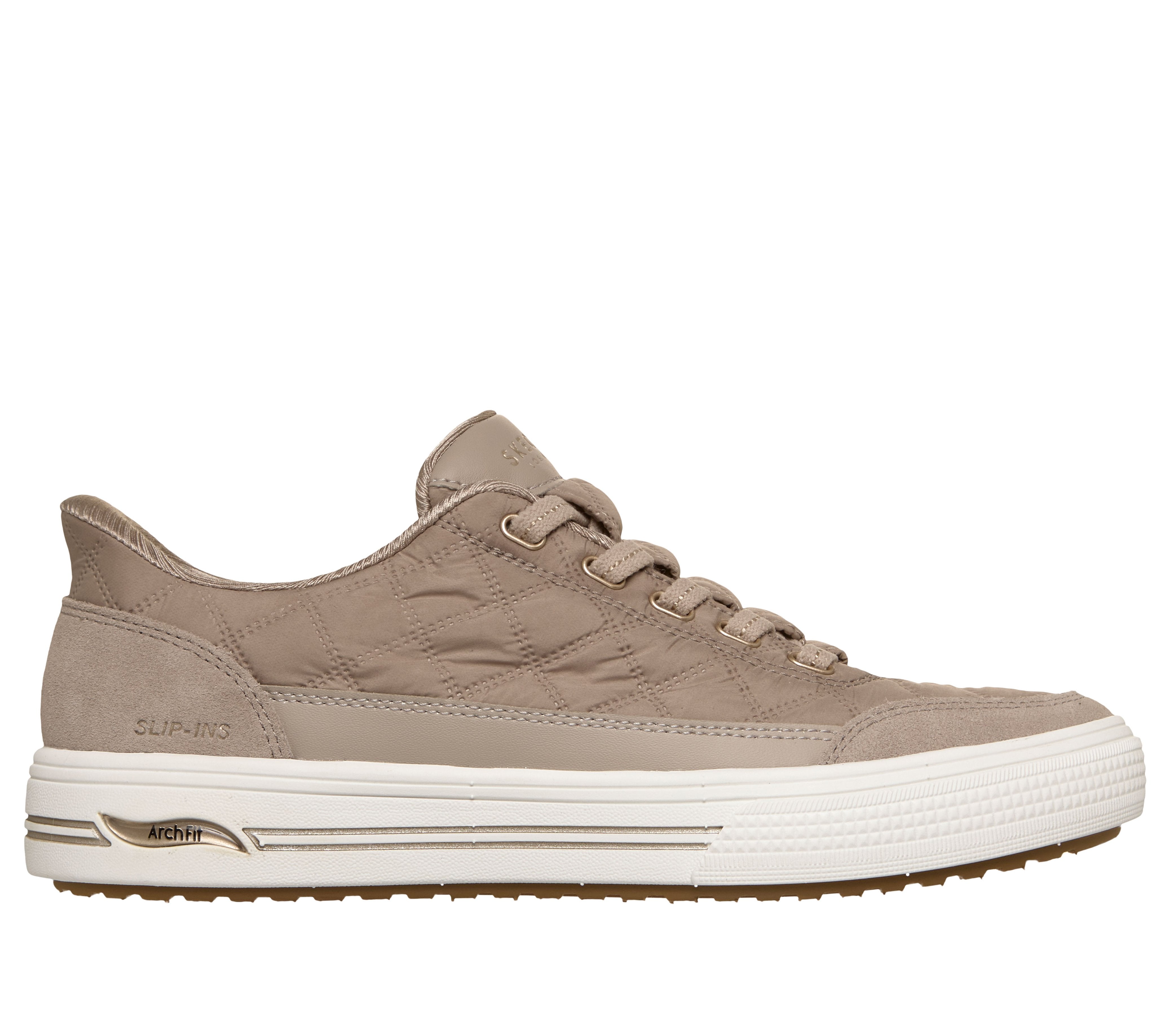 Skechers 177209 Arch Fit Arcade-Cuddle Steps Ladies Taupe Cozypoly Textile Trainers, front three-quarter view.