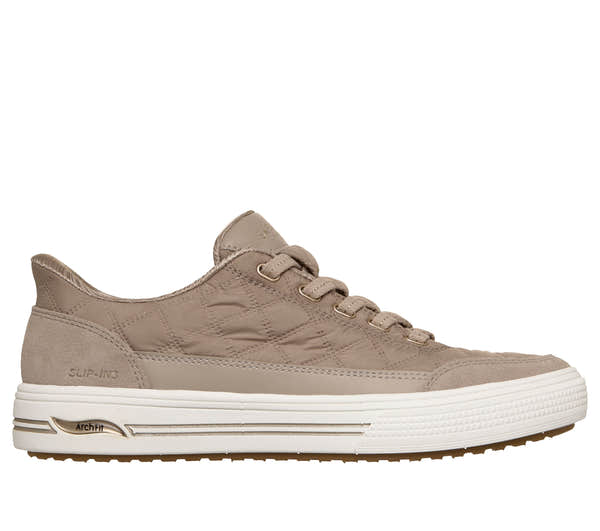 Skechers 177209 Arch Fit Arcade-Cuddle Steps Ladies Taupe Cozypoly Textile Trainers, front three-quarter view.