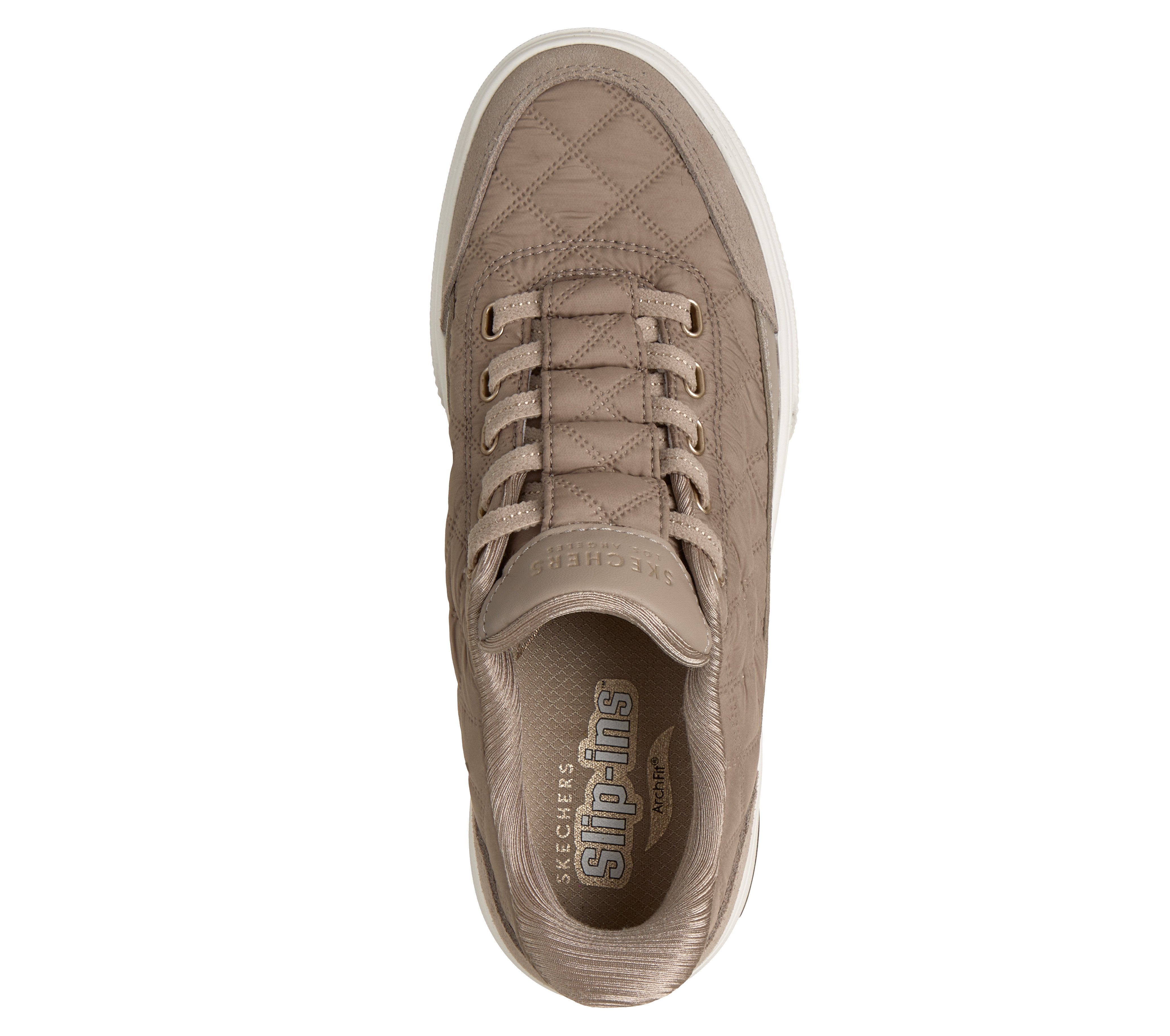 Skechers 177209 Arch Fit Arcade-Cuddle Steps Ladies Taupe Cozypoly Textile Trainers, insole and footbed view.