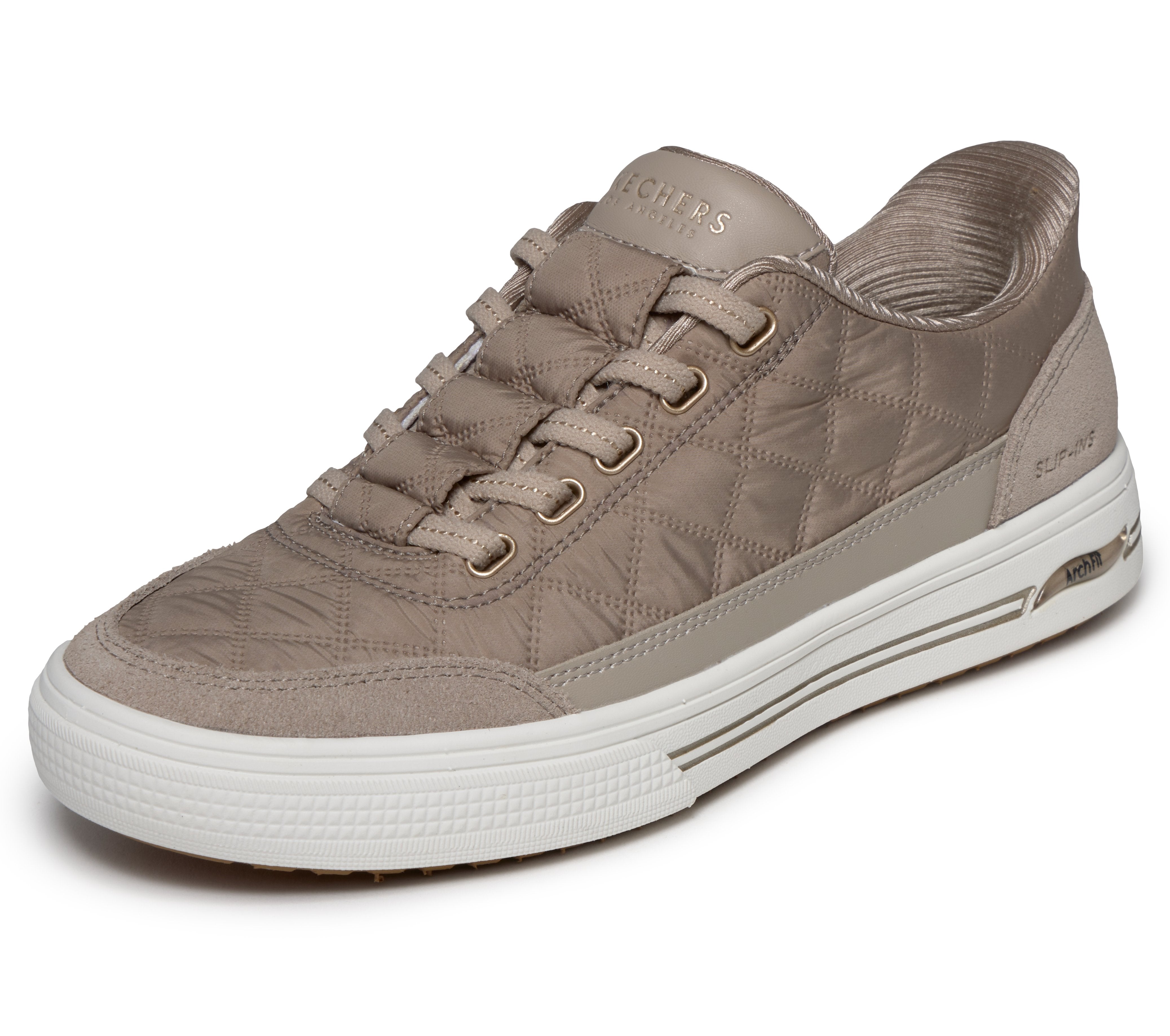 Skechers 177209 Arch Fit Arcade-Cuddle Steps Ladies Taupe Cozypoly Textile Trainers, left side view.