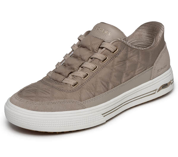Skechers 177209 Arch Fit Arcade-Cuddle Steps Ladies Taupe Cozypoly Textile Trainers, left side view.