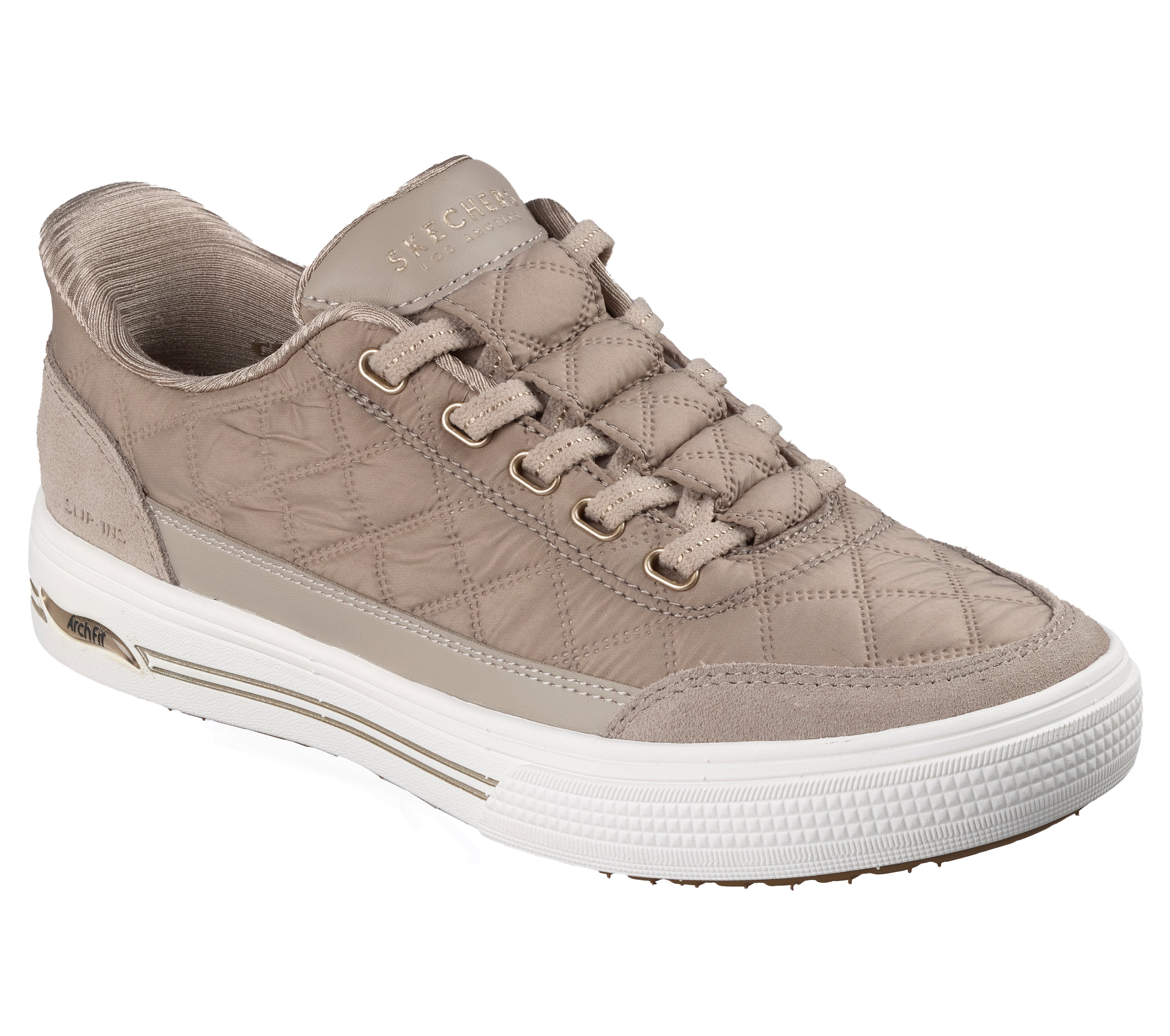 Skechers 177209 Arch Fit Arcade-Cuddle Steps Ladies Taupe Cozypoly Textile Trainers, outer side view.